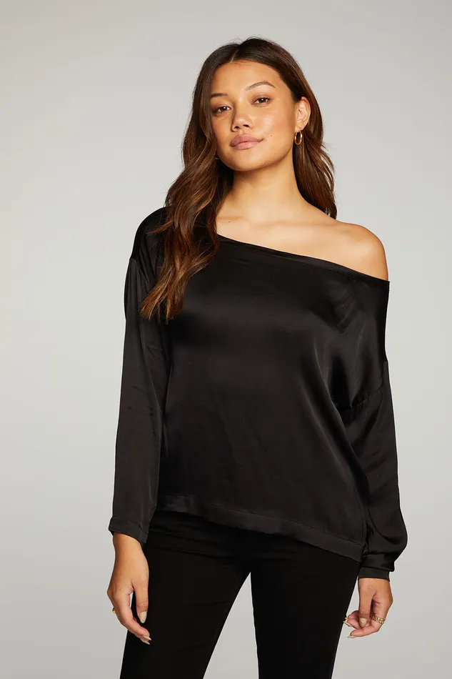 Tops Womens Chaser Brand Stretch Silky Basics Off Shoulder Long Sleeve Drop Shoulder