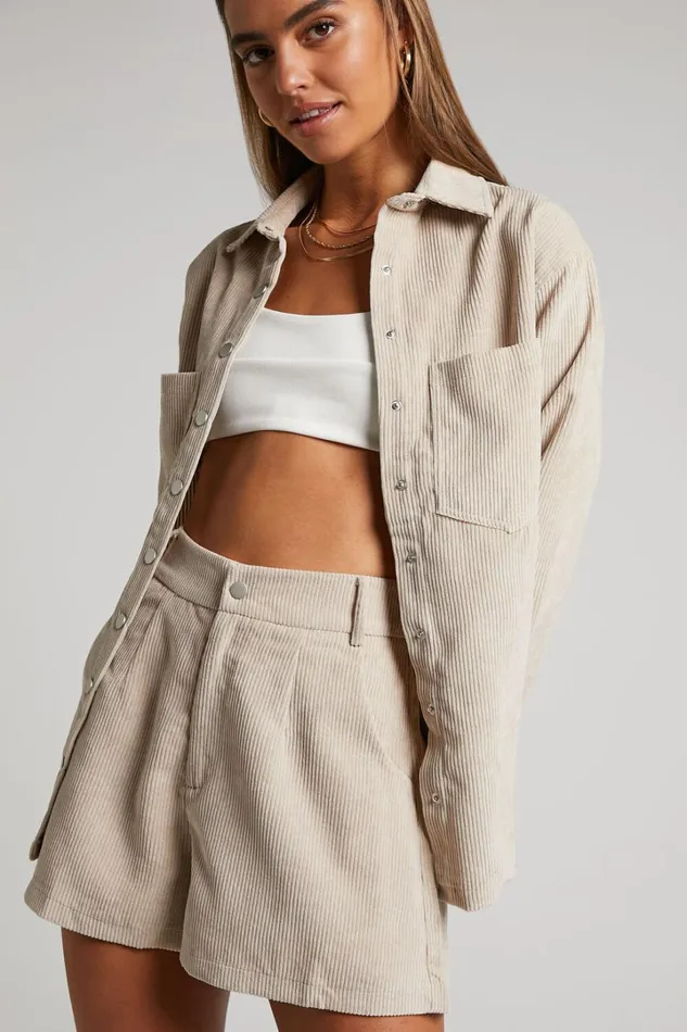 Tovil Shorts 8211 High Waisted Corduroy Shorts In Sand Women Showpo Shorts