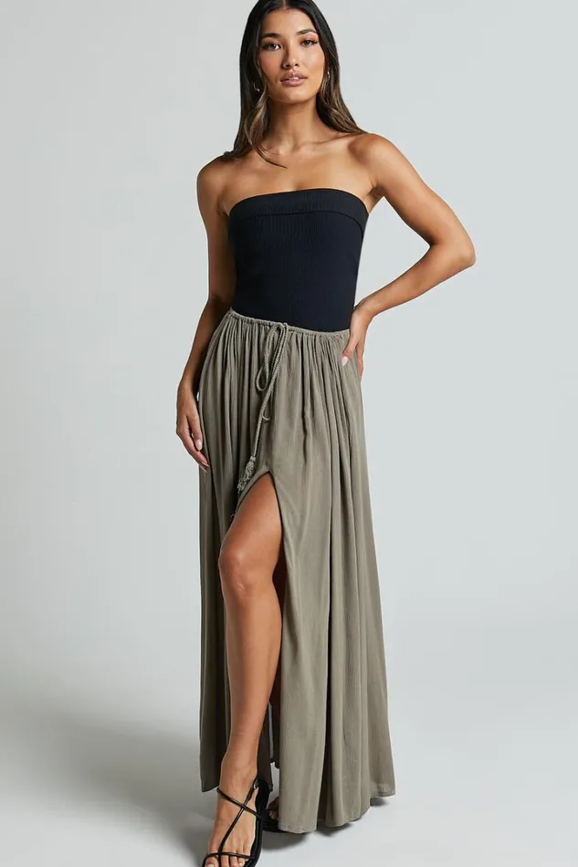 Under The Twilight Maxi Skirt 8211 Thigh Split Skirt In Olive Women Showpo Curve Clothes