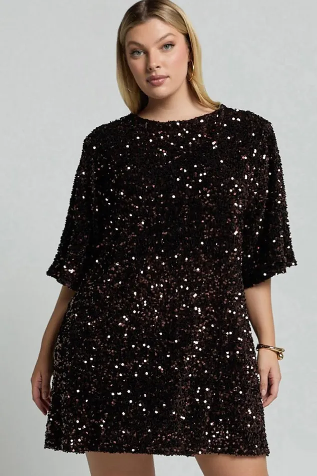 Valetta Mini Dress 8211 Sequin Low Back Shift Dress In Chocolate Women Showpo Curve Clothes