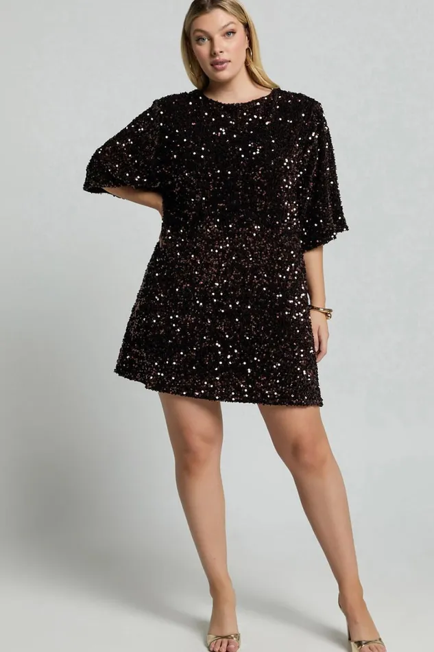 Valetta Mini Dress 8211 Sequin Low Back Shift Dress In Chocolate Women Showpo Curve Clothes