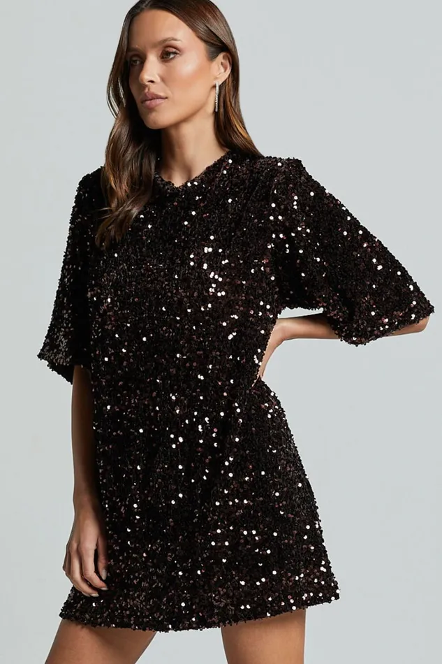 Valetta Mini Dress 8211 Sequin Low Back Shift Dress In Chocolate Women Showpo Curve Clothes