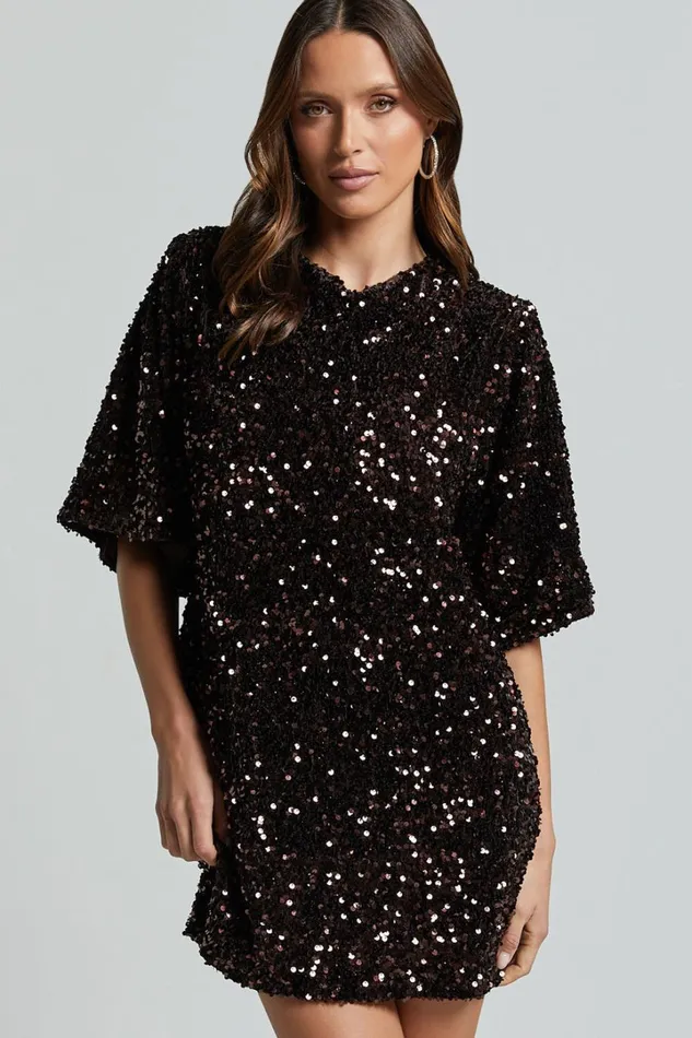 Valetta Mini Dress 8211 Sequin Low Back Shift Dress In Chocolate Women Showpo Curve Clothes