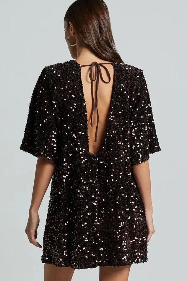 Valetta Mini Dress 8211 Sequin Low Back Shift Dress In Chocolate Women Showpo Curve Clothes