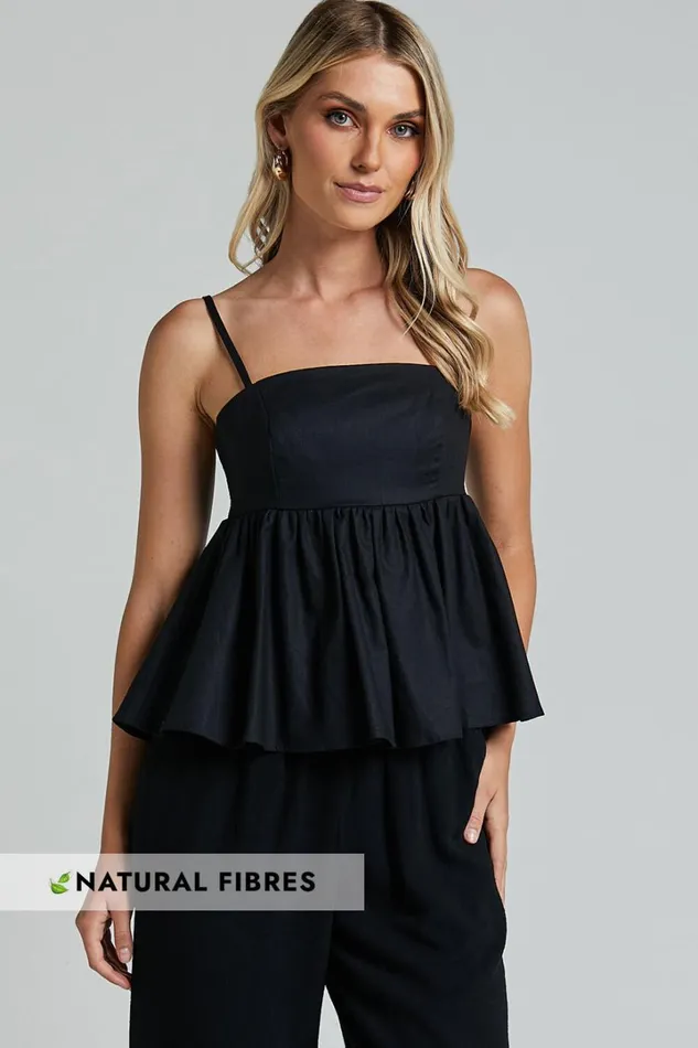 Vanessa Top 8211 Linen Look Strappy Babydoll Top In Black Women Showpo Tops