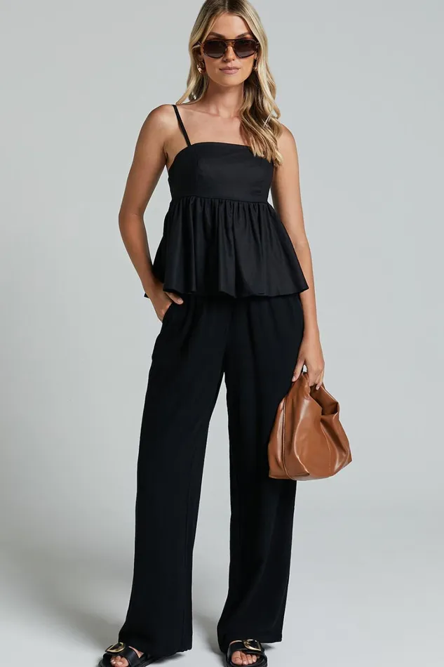 Vanessa Top 8211 Linen Look Strappy Babydoll Top In Black Women Showpo Tops