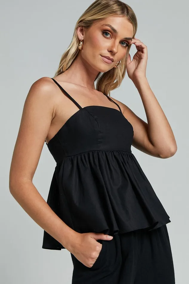 Vanessa Top 8211 Linen Look Strappy Babydoll Top In Black Women Showpo Tops
