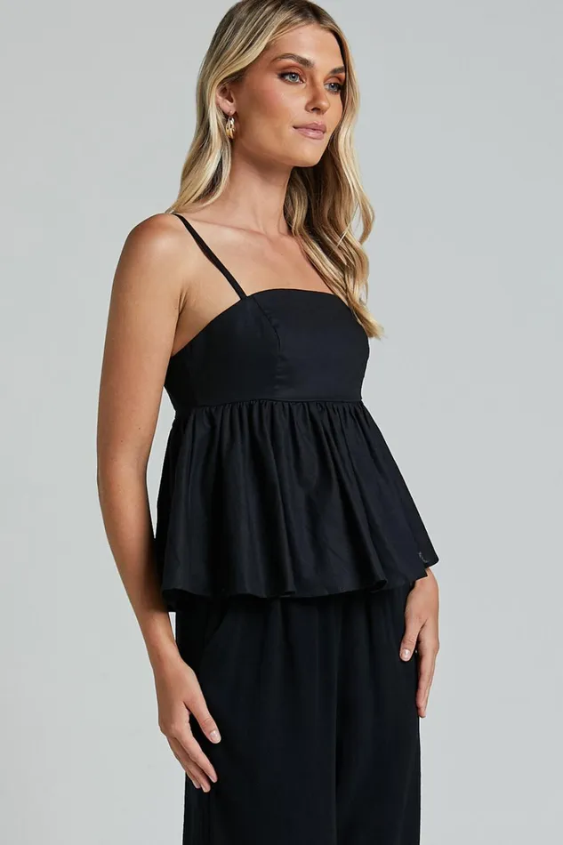 Vanessa Top 8211 Linen Look Strappy Babydoll Top In Black Women Showpo Tops