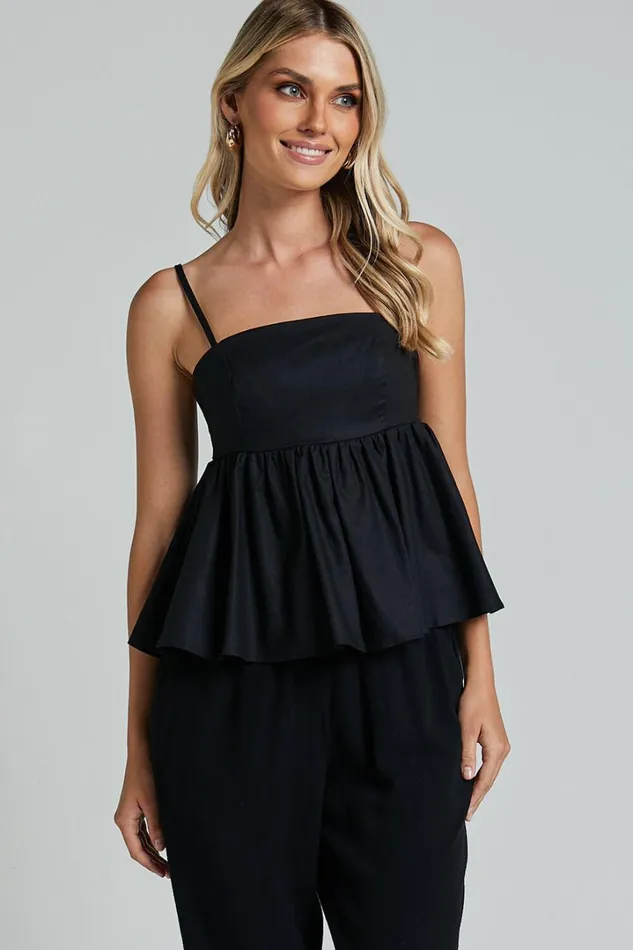 Vanessa Top 8211 Linen Look Strappy Babydoll Top In Black Women Showpo Tops