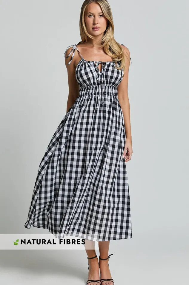 Vela Midi Dress 8211 Strappy Tie Shoulder Elasticated Waist Dress In Black And White Gingham Women Showpo Conscious Vela Midi Dress 8211 Strappy Tie Shoulder Elasticated Waist Dress In Black And White Gingham Women Showpo Conscious