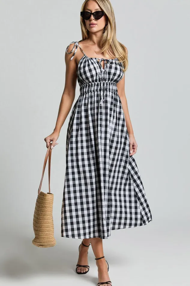 Vela Midi Dress 8211 Strappy Tie Shoulder Elasticated Waist Dress In Black And White Gingham Women Showpo Conscious