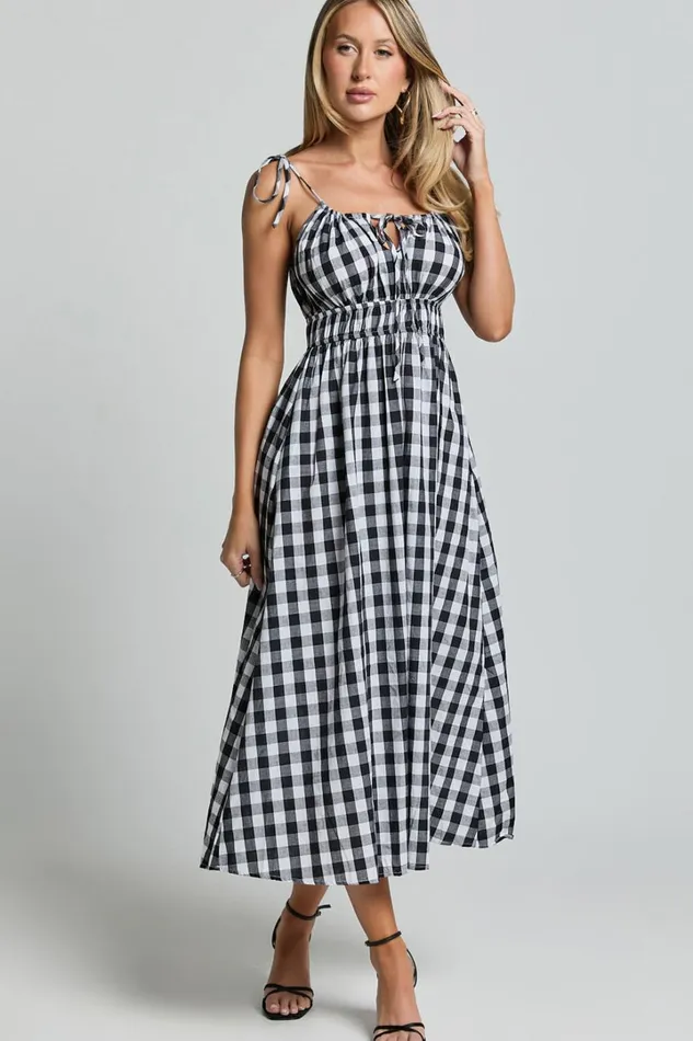 Vela Midi Dress 8211 Strappy Tie Shoulder Elasticated Waist Dress In Black And White Gingham Women Showpo Conscious
