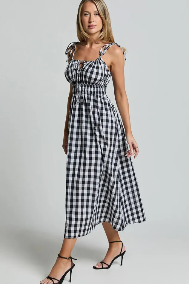 Vela Midi Dress 8211 Strappy Tie Shoulder Elasticated Waist Dress In Black And White Gingham Women Showpo Conscious