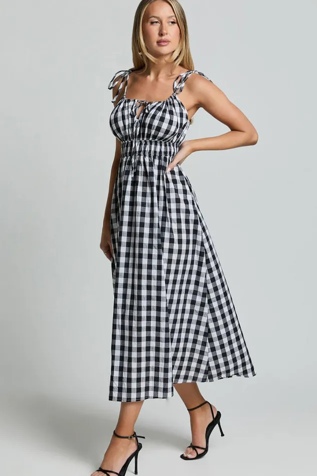 Vela Midi Dress 8211 Strappy Tie Shoulder Elasticated Waist Dress In Black And White Gingham Women Showpo Conscious