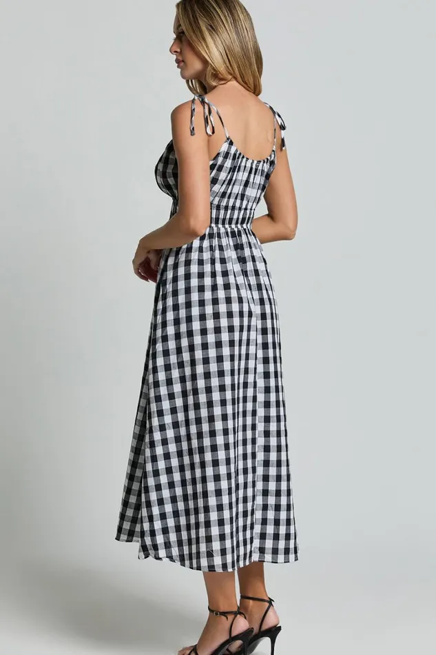 Vela Midi Dress 8211 Strappy Tie Shoulder Elasticated Waist Dress In Black And White Gingham Women Showpo Conscious