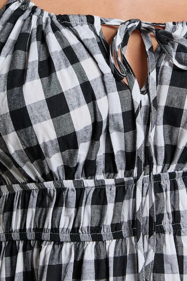 Vela Midi Dress 8211 Strappy Tie Shoulder Elasticated Waist Dress In Black And White Gingham Women Showpo Conscious