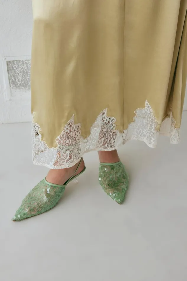 VRG GRL Aisla Satin Midi Skirt Sage Women Skirts