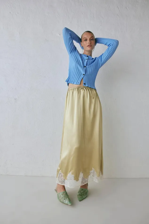 VRG GRL Aisla Satin Midi Skirt Sage Women Skirts