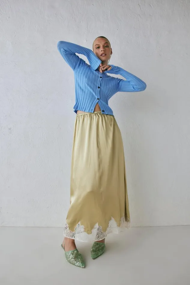 VRG GRL Aisla Satin Midi Skirt Sage Women Skirts