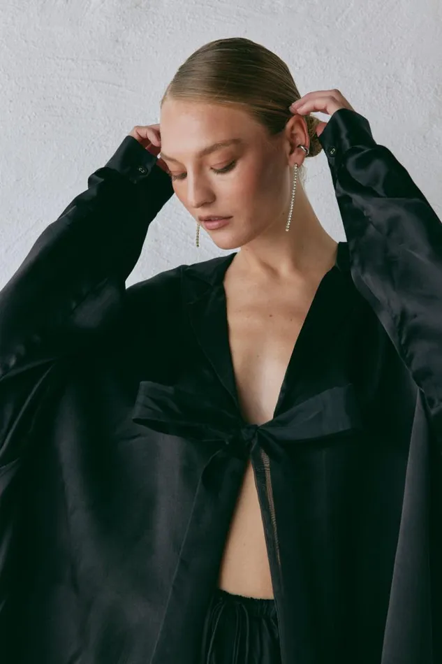 VRG GRL Rae Satin Top Black Women Long Sleeve