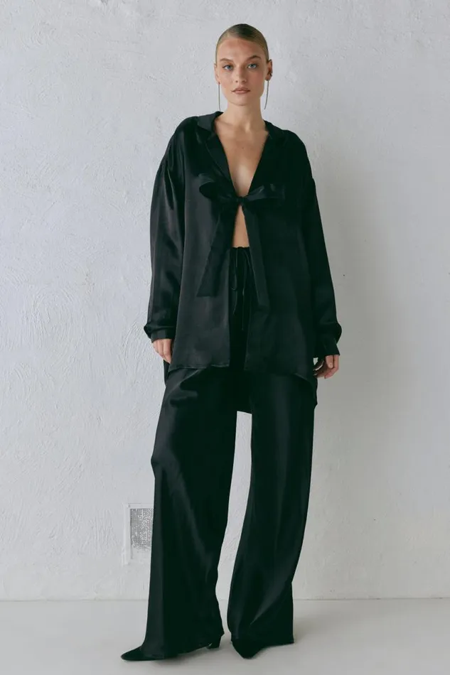 VRG GRL Rae Satin Top Black Women Long Sleeve
