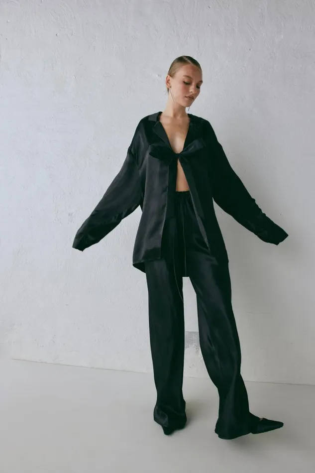 VRG GRL Rae Satin Top Black Women Long Sleeve