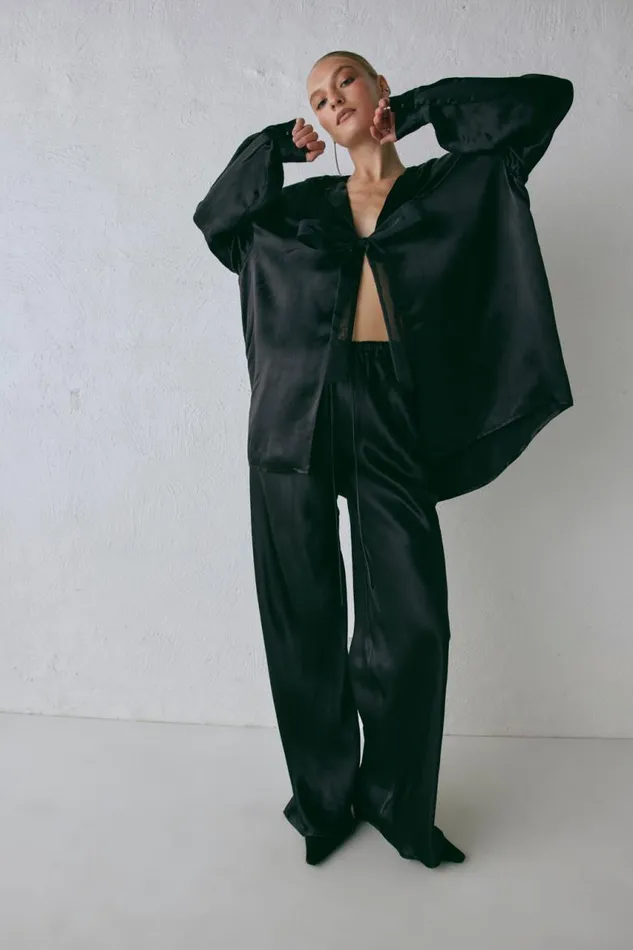 VRG GRL Rae Satin Top Black Women Long Sleeve