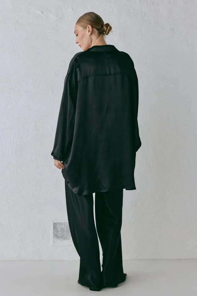 VRG GRL Rae Satin Top Black Women Long Sleeve