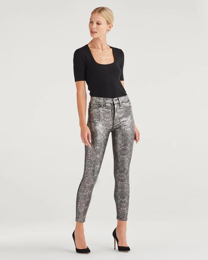 Women 7 For All Mankind Ankle High Waist Ankle Skinny In Coated Pewter Python