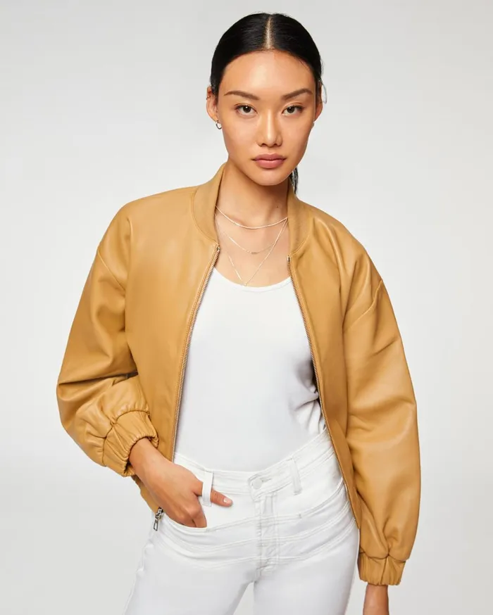 Women 7 For All Mankind Jackets 038 Coats Leather Bomber Jacket In Beige