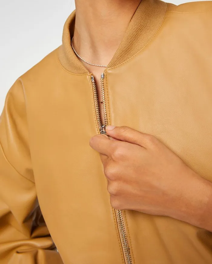 Women 7 For All Mankind Jackets 038 Coats Leather Bomber Jacket In Beige