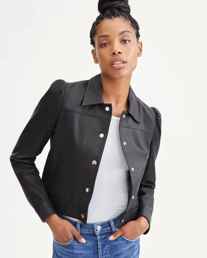 Women 7 For All Mankind Jackets 038 Coats Shrunken Puff Sleeve Leather Jacket In Jet Black