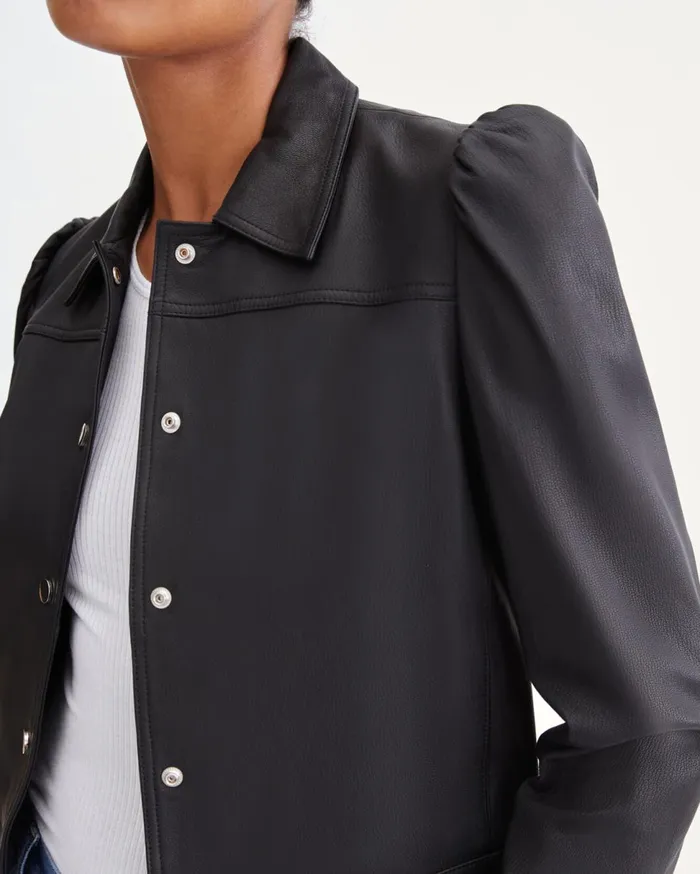 Women 7 For All Mankind Jackets 038 Coats Shrunken Puff Sleeve Leather Jacket In Jet Black
