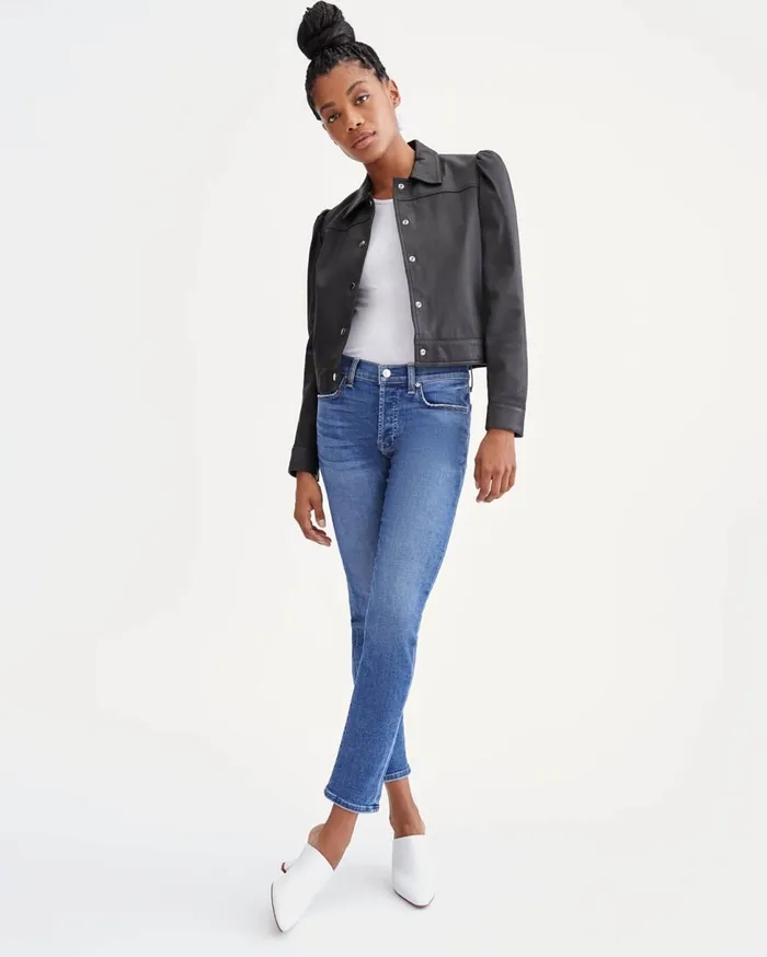 Women 7 For All Mankind Jackets 038 Coats Shrunken Puff Sleeve Leather Jacket In Jet Black