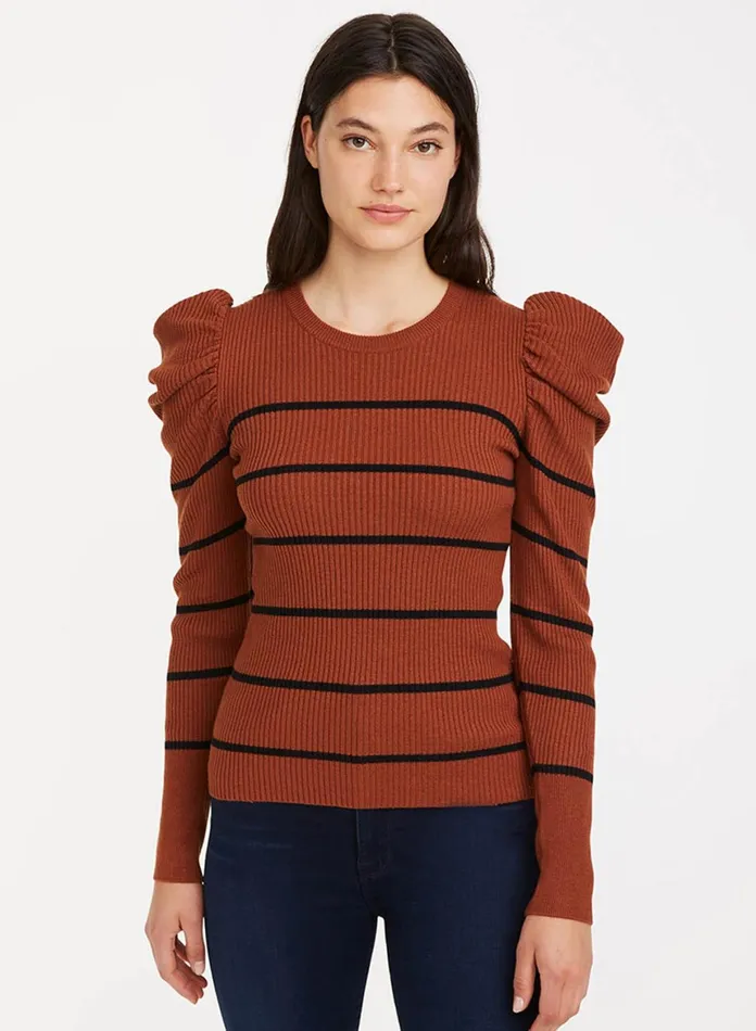 Women 7 For All Mankind Sweaters Long Sleeve Puff Shoulder Crewneck In SpiceBlack Stripe Women 7 For All Mankind Sweaters Long Sleeve Puff Shoulder Crewneck In SpiceBlack Stripe