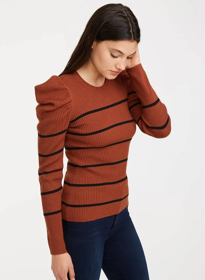 Women 7 For All Mankind Sweaters Long Sleeve Puff Shoulder Crewneck In SpiceBlack Stripe