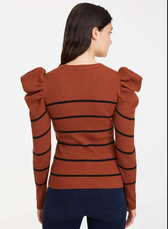 Women 7 For All Mankind Sweaters Long Sleeve Puff Shoulder Crewneck In SpiceBlack Stripe
