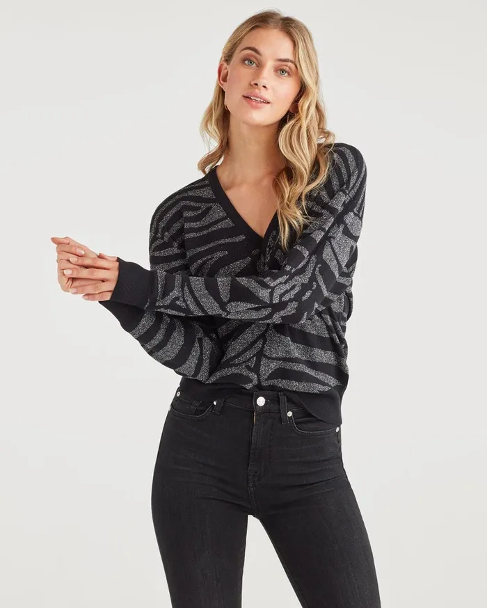 Women 7 For All Mankind Sweaters Lurex Zebra V Neck Sweater In Jet Black Silver