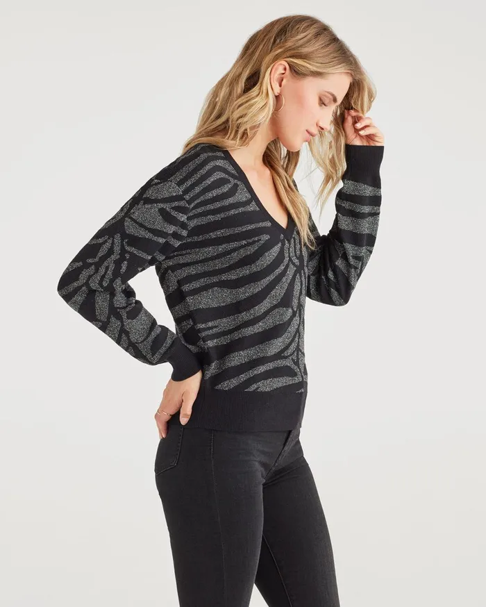 Women 7 For All Mankind Sweaters Lurex Zebra V Neck Sweater In Jet Black Silver