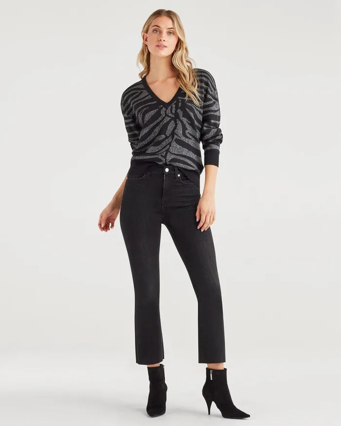 Women 7 For All Mankind Sweaters Lurex Zebra V Neck Sweater In Jet Black Silver