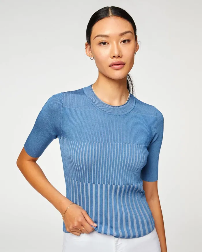 Women 7 For All Mankind Tops Rib Knit Elbow Sleeve Pullover In Ash Blue