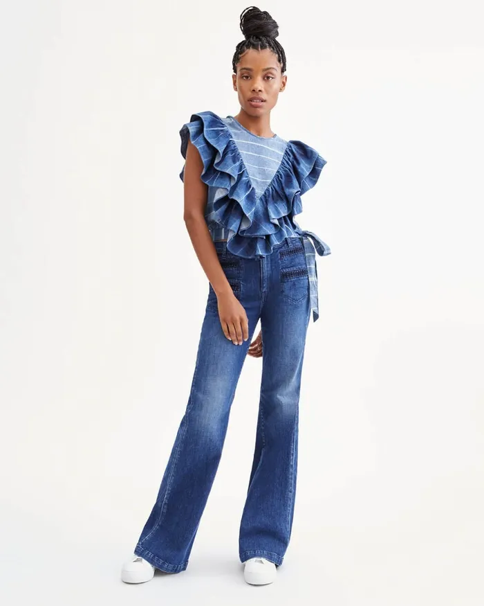 Women 7 For All Mankind Tops Sleeveless Belted Ruffle Top In Indigo Tie Dye