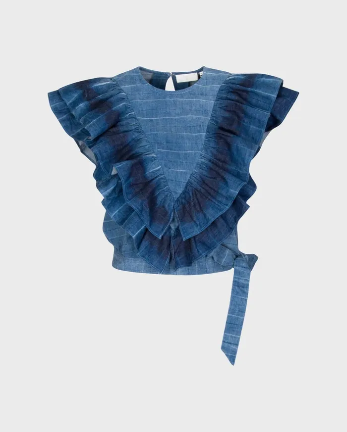 Women 7 For All Mankind Tops Sleeveless Belted Ruffle Top In Indigo Tie Dye