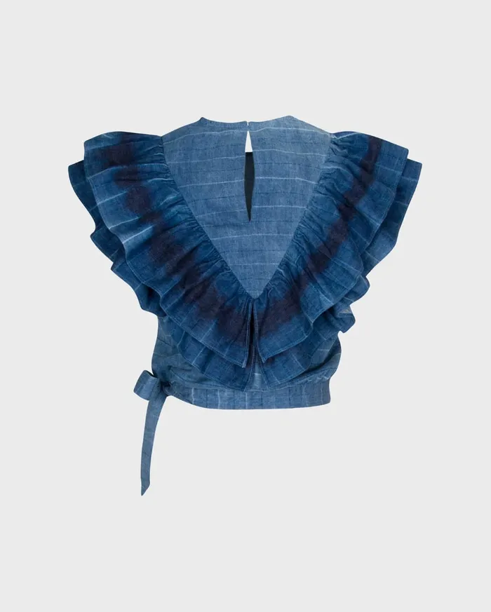 Women 7 For All Mankind Tops Sleeveless Belted Ruffle Top In Indigo Tie Dye