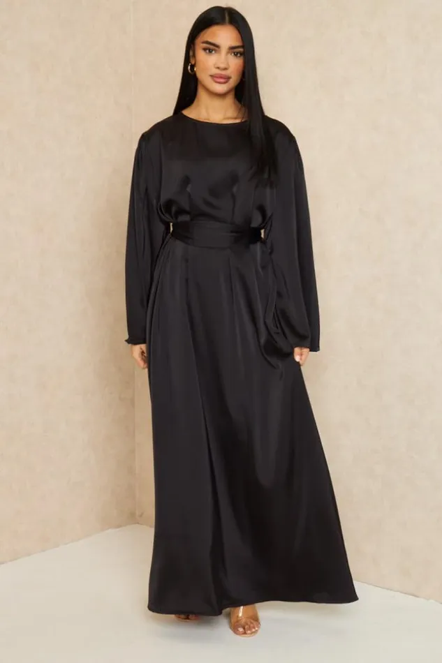 Women Abaya Ample Ceinture Et Satine Noire Black Brentiny Paris Ceremonial Outfits