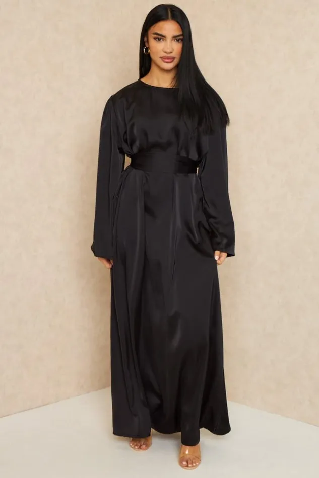 Women Abaya Ample Ceinture Et Satine Noire Black Brentiny Paris Ceremonial Outfits Women Abaya Ample Ceinture Et Satine Noire Black Brentiny Paris Ceremonial Outfits