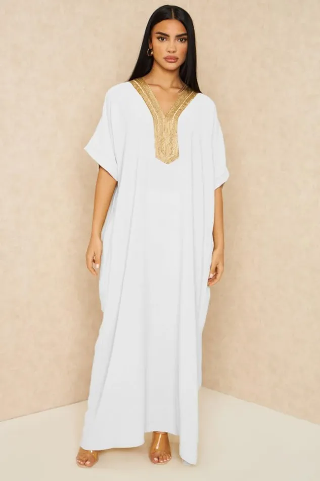 Women Abaya Blanche Broderies Dores White Brentiny Paris Collection Ramadan
