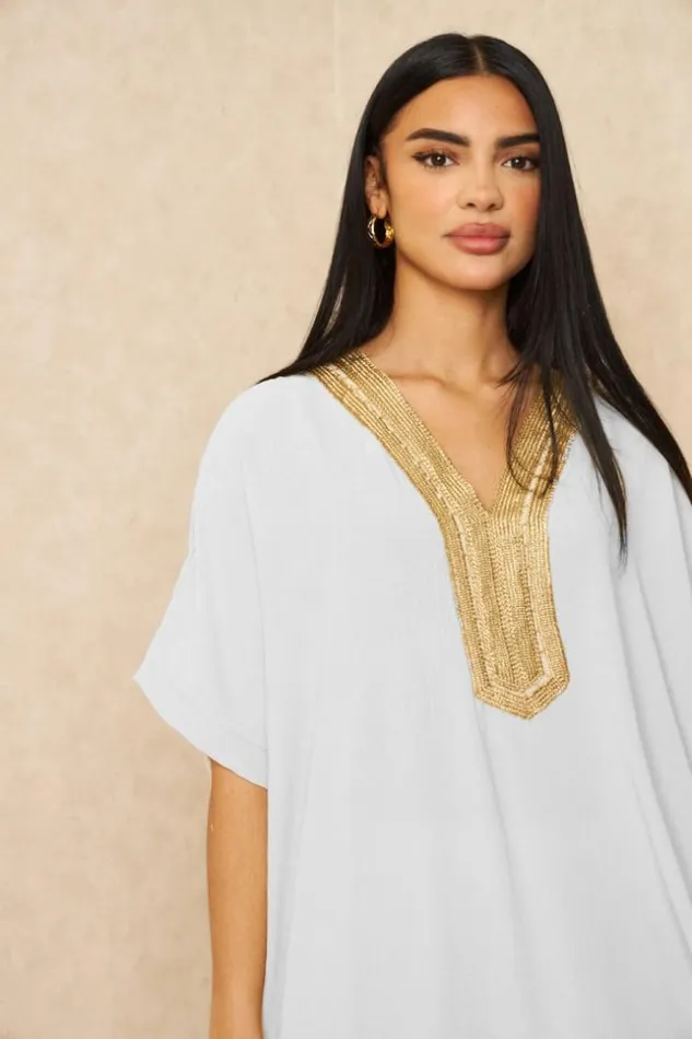 Women Abaya Blanche Broderies Dores White Brentiny Paris Collection Ramadan