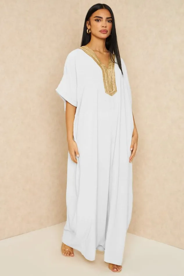 Women Abaya Blanche Broderies Dores White Brentiny Paris Collection Ramadan