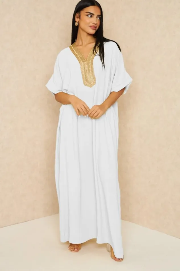 Women Abaya Blanche Broderies Dores White Brentiny Paris Collection Ramadan